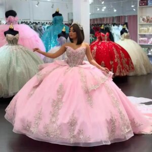 Customized Pink V Neck Quinceanera Dresses for Teens Off the Shoulder Lacing Up Rhinestones Bow Court Train Lace Appliques