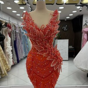 Orange Mermaid Evening Dresses V Neck Women Prom Dresses Elegant Arabic Dubai Beading Sequins Engagement Party Gowns Customized