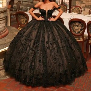 Customized Black Quinceanera Dresses Ball Gown Off The Shoulder Applique Flower Beads Bow Tull Party Birthday Sweet 16 Vestido