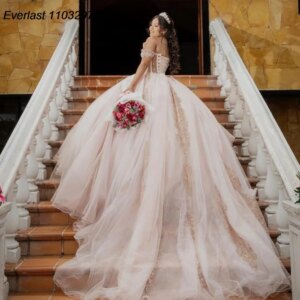 EVLAST Customized Charro Pink Quinceanera Dress Ball Gown Gold Lace Applique Beaded Cape Sweet 16 Vestido De 15 Anos QD1099