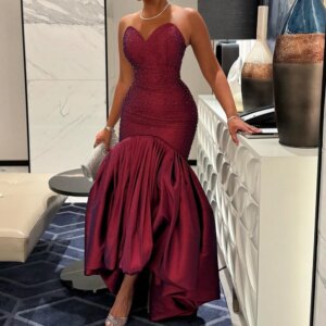 Customized Fashion  Crystal Draped Sweetheart Ankle Length  Mermaid Evening Dress Satin Sleeveless Zipper Back Girdling Vestido