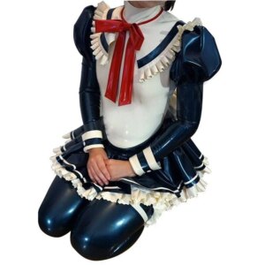 Latex Catsuit Rubber Maid Uniform Dress Black With White Trim Tie Bowknot