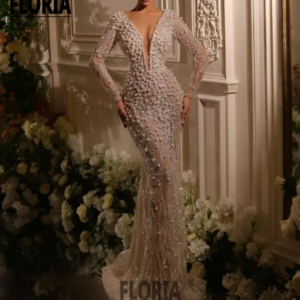 Elegant Major Pearl Mermaid Formal Evening Dress Beaded Lace Sexy V Neck Long Sleeve Prom Dress 2023 Wedding Party robe soirée