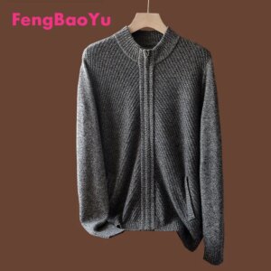 Fengbaoyu Autumn Winter Men 100% Pure Cashmere Sweater Knit Zipper Cardigan Black Coat Business Casual Half Turtleneck Sweater