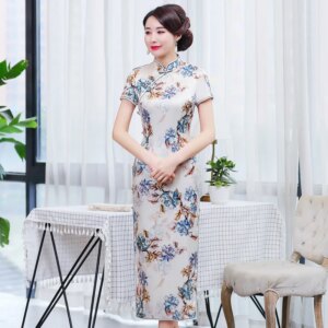 Spring and Summer New High Quality Real Silk Printing Long Slit plus Size Cheongsam Qipao Women’s Dress