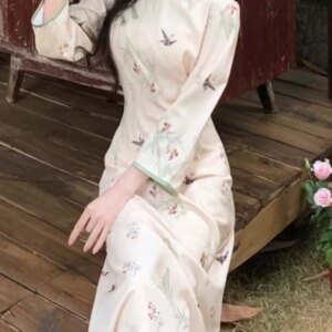Autumn cheongsam dress New Chinese dress with Hanfu dress temperament elegant A-line skirt (Max size 4XL)