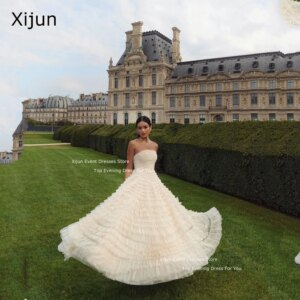 Xijun Ivory Princess Tulle Evening Dresses Ruched Pleats Tiered Prom Dresses Wedding Party Dresses Formal Occasion Prom Gown2024