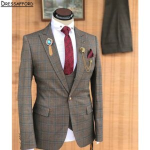 Brown Checked Men Business Formal Occasion Tuxedos Grooms Wedding Party Prom Male Suit 3 Piece Set Blazer Vest Pants