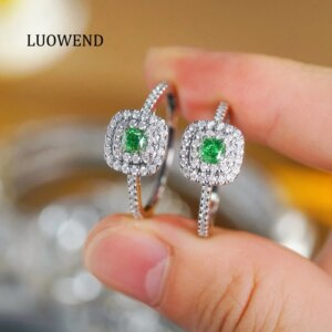 LUOWEND 100% 18K White Gold Rings Real Natural Green Diamond Engagement Ring for Women Elegant Square Shape High Wedding Jewelry