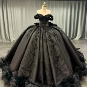 Customized Shiny black Off Shoulder Quinceanera Dress sequin applique crystal Lace ruffle Bow vestidos de 15 Quinceanera
