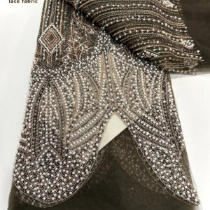 Luxury Hand Beaded Lace Fabric Bridal Fabric High-end Wedding Fabrics French Nigerian Sequins Beads Embroidered on Tulle 5 Yards