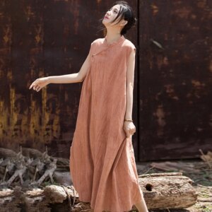Summer Thin Ramie Cotton Handmade Tie-Dyed Chinese Style Improved Sleeveless Dress Women’s Gown