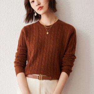 CHICUU Women 100% Cashmere Sweater O-neck Pullover Cable Knitting Vintage Preppy Style Cashmere Knitwear Autumn Winter Clothing