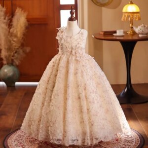 Girls dress 2025 spring new flower host catwalk piano performance children’s birthday flower girl princess dress