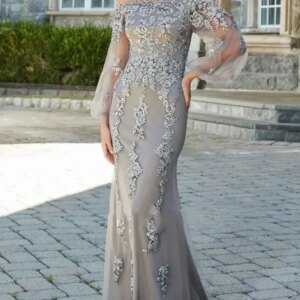 Off Shoulder Mermaid Mother Of The Bride Dress For Wedding Sheer Tulle Sleeves Lace Appliques Prom Dresses Long Evening Gowns