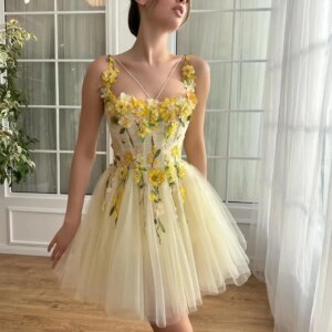 Customized High Quality Ankle-length Yellow Flowers Spaghetti Strap Tulle Sleeveless Women and Prom Dresses Sweet Collar