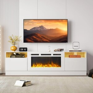 Fireplace TV Stand W/ Two Hinged Doors for TVs UP To 80″, Modern Electric Fireplace Entertainment Center W/ LED Lights 2 Styles