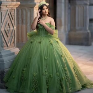 Customized Emerald Green Off Shoulder Quinceanera Dress Tull rhinestone applique beads 3D flower Bow vestidos de 15 Quinceanera