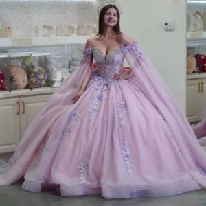 Customized Shiny Lavender Purple Off Shoulder Quinceanera Tull Dress applique Tull 3D flower vestidos de 15 Quinceanera