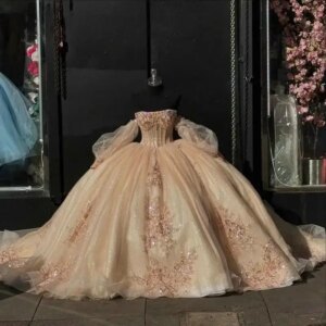 Customized Champagne Strapless Sleeve Quinceanera Dresses Ball Gown Sequined Appliques Lace Corset Sweet 15 Vestidos De XV Anos