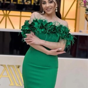 Elegant Mermaid Off The Shoulder Prom Dresses Sleeveless Feathers Flowers Floor Length Party Dresses Side Split Evening Dresses