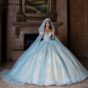 EVLAST Customized Glitter Blue Ball Gown Quinceanera Dress Lace Applique Beading Cape Corset Sweet 16 Vestidos De 15 Anos E1Q899