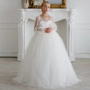 Flower Girl Dresses Birthday Banquet First Communion Gowns White Tulle Polka Dot Skirt With Bow Long Sleeve For Wedding