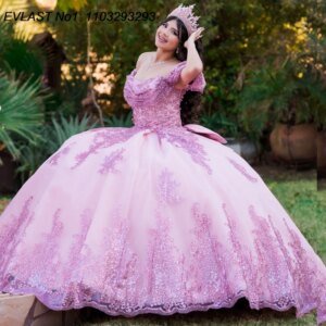 EVLAST Customized 2025 Pink Ball Gown Quinceanera Dress Sequins Lace Applique Beading Bow Sweet 16 Vestidos De 15 Anos E1Q849