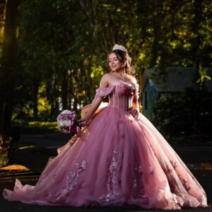 Customized Shiny Pink Quinceanera Dress Off Shoulder Tull applique crystal 3D flower Long tail Bow vestidos de 15 Quinceanera
