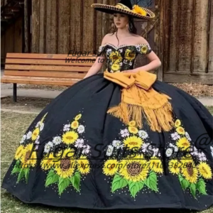 Mexican Embroidered Sunflower Black Quinceanera Dresses 2024 Bow Ball Gown Off Shoulder Charro Sweet 16 Dresses