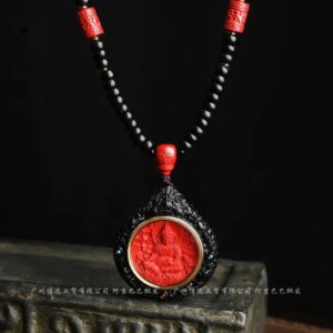 Natural Cinnabar Black Sandalwood Inlaid with High Content Imperial Yellow God of Wealth Six Character True Words Rotatable