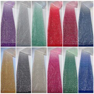 Custom Made 12 Gradient Colors Embroidered Beads Sequin Fabric For Evening Dress Lace Glued Glitter Dry Mesh Wet Look Material