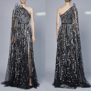 L234 New Arrival One Shoulder Long Sleeves Black Bead Beaded vestidos de fiesta  فساتين سهره evening dresses