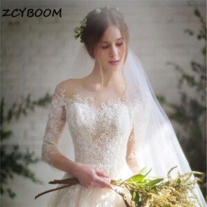 Elegant O-neck Appliques Illusion Half Sleeves Wedding Dress Ball Gowns For Women 2025 Court Train Bridal Gown Vestido De Noiva