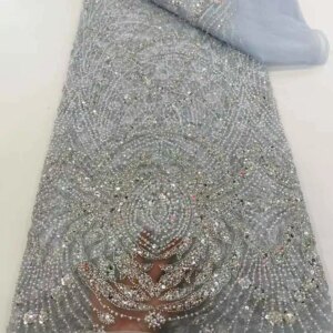 2025 Luxury Heavy Beaded Lace Fabric High Quality African Beads Embroidery Sequins Beaded Tulle Lace Fabric for Evening Dresses