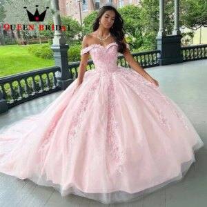 Off Shoulder Quinceanera Dresses Lace tull Floor-length  Ball Gown Backless Appliques  Vestidos De 15 Quinceañera Custom 2422