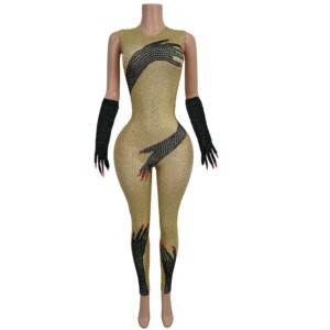 Heishou Women High-end Sparkly Rhinestone Sleeveless Tight Fitting Jumpsuit with Gloves Celebrate Party Stage Show Sexy Outfit