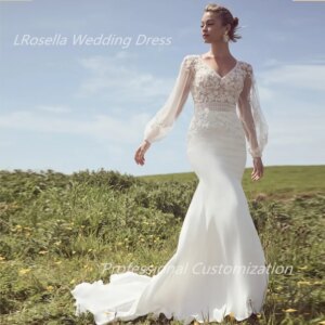 LRosella Wedding Dress A-line Tulle V-Neck Floor-Length Full-sleeve Elegant Exquisite Morden style Luxury For Women فسات 2024