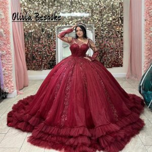 Chic Burgundy Long Sleeves Wedding Quinceanera Dress 2025 Ball Gown Beads With Tulle Ruched Train vestidos de 15 Customized