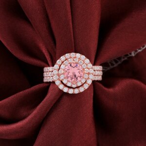 Provence solid 18K rose gold bridal set lab sapphire pink wedding rings luxury halo Promise Engagement stacking lab diamond ring