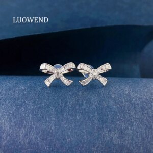 LUOWEND 100% 18K White or Rose Gold Earrings Women 0.38carat Real Natural Diamond Earrings Romantic Bowknot Shape Wedding Party