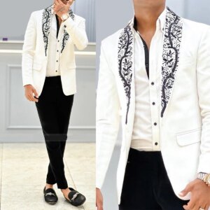 Floral Jacquard Men’s Wedding Suits Appliques Shawl Lapel Tuxedos Slim Fit Groom Wear 2 Pcs Jacket Pants Customize Homme