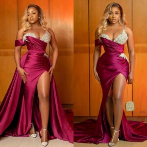 Customized Mermaid Ball sexy split evening dress for women with detachable train illusion crystal beaded satin formal dress