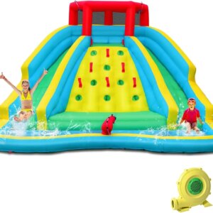 Inflatable Water Slide, Water Park Bouncy House w/Splashing Pool, 2 Slides, Climbing Wall & Water Cannon, Blow Up Waterslide for