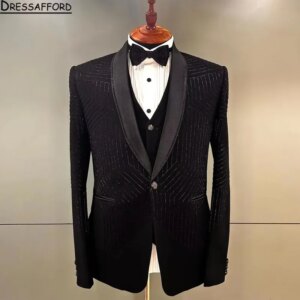 Black Stripe Beading Blazers Men Suits Fashion Banquet 2 Piece Business Jacket Pants Trousers