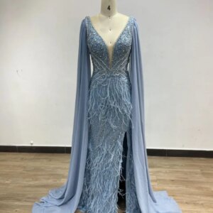 MYMB Luxury Mermaid Cape Sleeves Formal Occasion Party Dress Arabic Sexy V Neck High Slit Beaded Feathers Evening Gown DDS041-2