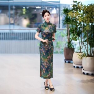 Women’s long slim-fit silk cheongsam mid-length daily wear