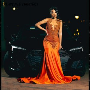 EVLAST Customized Luxury Orange Velvet Mermaid Prom Dress Crystal Beading Evening Party Gown Black Girl Robes De Soirée E2P423