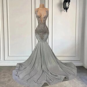 Silver Long Prom Dress Sexy Mermaid Fitted Sheer Neck Luxury Sparkly Diamond Black Girls Evening Formal Gala Gowns Vestido Feast