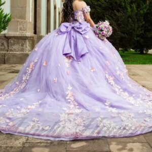 Customized Gorgeous Lilac Women Birthday Party Dress Prom Occasion Wear V Neck Flower Applique Lace Up Vestido De xv Quinceanera